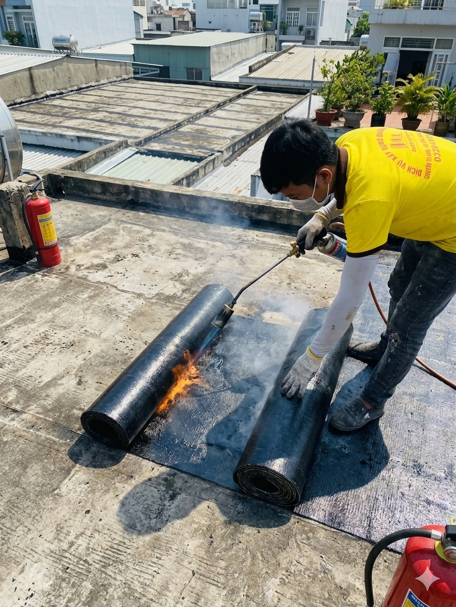 thợ d-home 24h tiến hành chống thấm màng khò bitum sân thượng