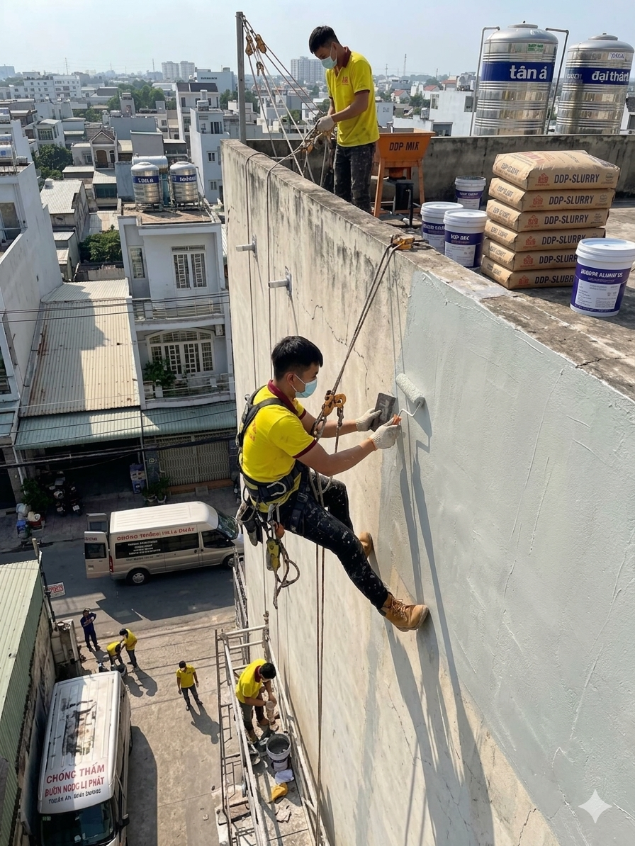 thợ đu giây lăn chống thấm tường ngoài