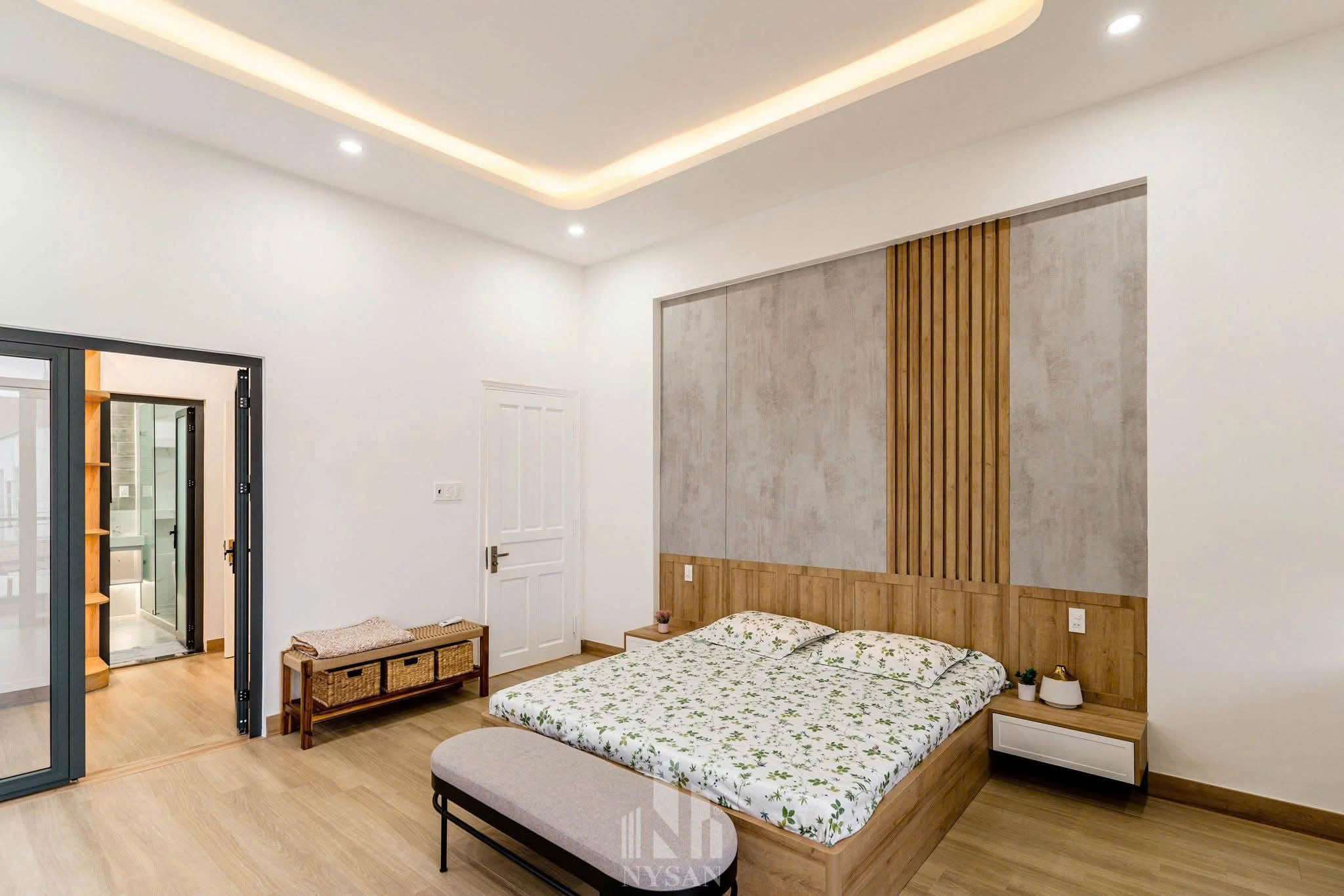 thiết kế mẫu phòng ngủ ốp tấm than tre đơn giản